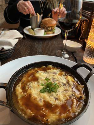 Burger with duck fat fries and Sheppard pie
