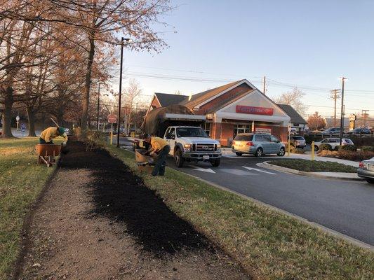 Mulch installation for a commercial location.
