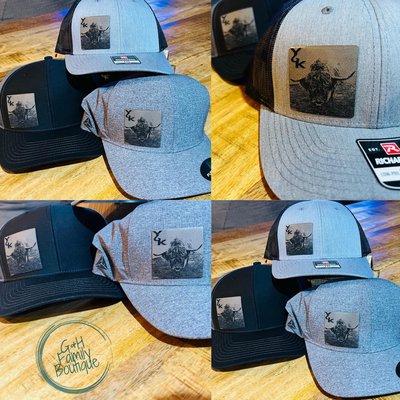 Custom hats with laser cut and engraved leather patches for a local ranch.