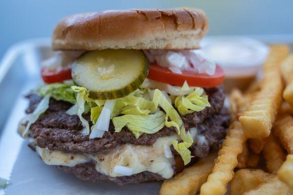 Angus Smash Burger with side of fries