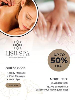 Massage Deal: 10 + 5 FREE! 
Only $400 for 15 Body Massages
Pay for 10 sessions, get 5 FREE -- that's just $26 per massage!
 Relax more.