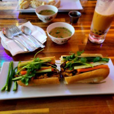 Pork Banh Mi Sandwich  Pho broth (delicious and flavorful!) Potstickers Boba Thai Tea with Soy Milk