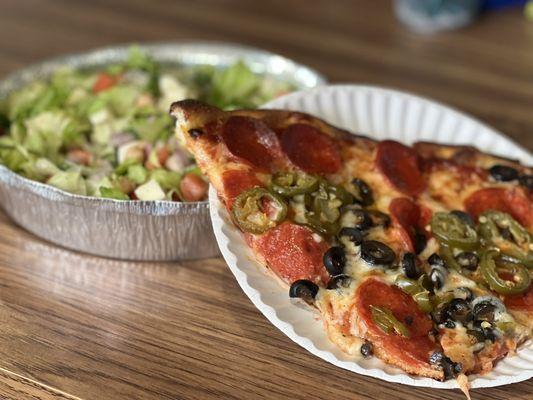 Pepperoni, Black Olive and Jalapeño pizza with Chopped Salad.