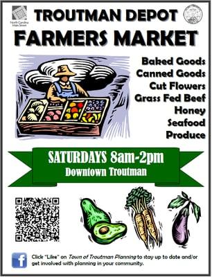 Flyer for the Saturday Troutman farmer's market!