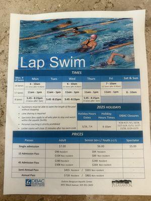 2025 Lap Swim Schedule
