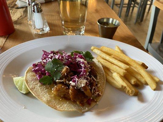 Fish taco and Cider with some fries I stole off of another persons plate lol.
