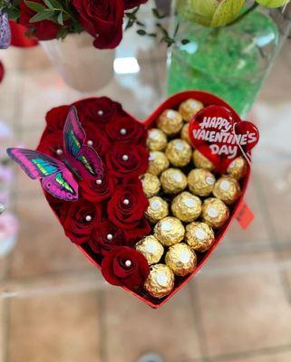 heart box which includes roses and chocolate just in time for this love weather