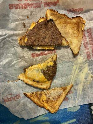 It had a massive mayonnaise a nasty patty, soggy toast, and some non-milked cheese. It looked like it didn't work.