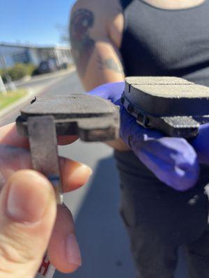 Brake pads worn to bare metal due to Perez wheels ripping us off for not doing work we paid for.