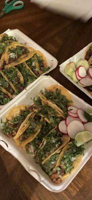 Barbacoa, chicharron, and tripa tacos