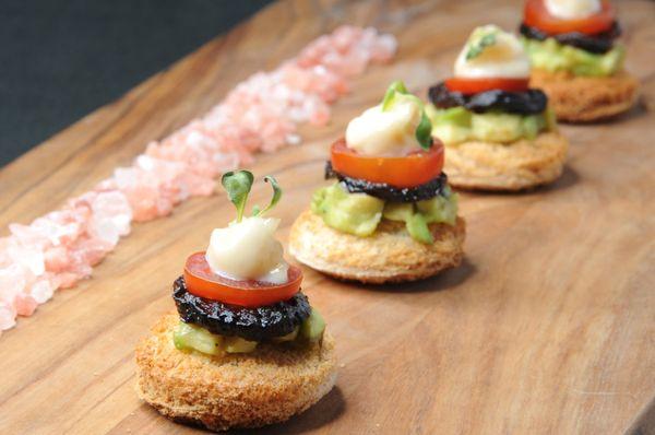 Mini BLT with eggplant bacon, avocado, tomato, vegan aioli and micro greens