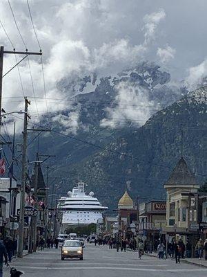 Photo of docked cruise ship outside Harley Davidson.