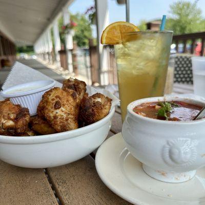 This screams summer. Chilled Watermelon Gazpacho, Chicken Wings, and an an Iced Camomile Mint Tea