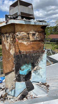 This is a step by step process of a chimney repair that had severe wood damage. We repair all wood damage and match stucco texture.