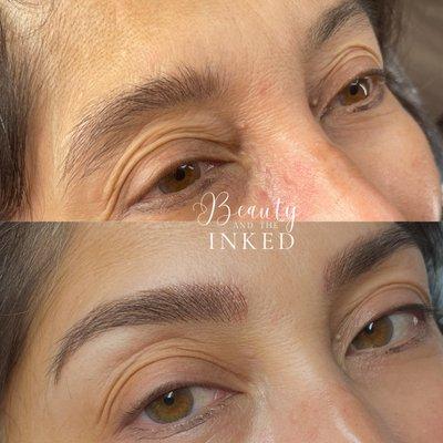 Before and after microblading. Beautiful hairstrokes that are microbladed. Natural looking enhanced eyebrows