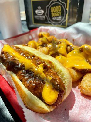 Chilie Cheese Dog (No onions) and Chili Cheese Tots