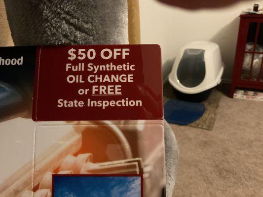 Which is it lol.50 $ off full synthetic oil change or a state inspection that’s under 20 bucks!sorry,this smells like bullsh-t!