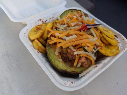 Stuffed avocado with plantain chips