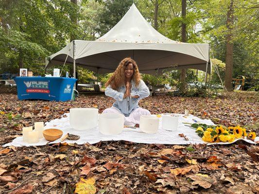 Sound healer Lesly at the Elevate & Create Day Retreat hosted by Shakti Yoga in Dover, Delaware.