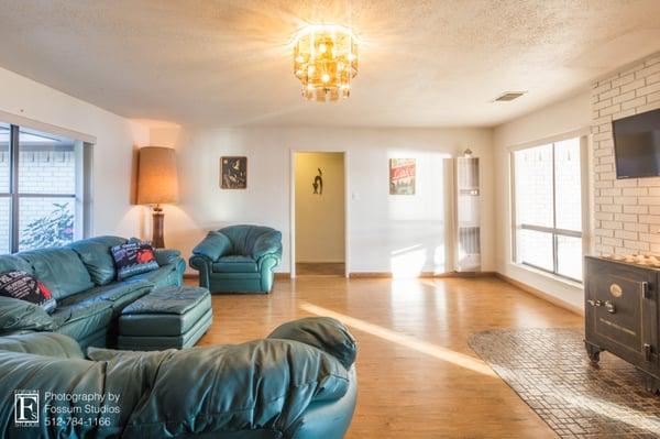 Large living room with sleeper sofa.