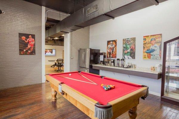Kitchen with pool table, great place to blow off steam
