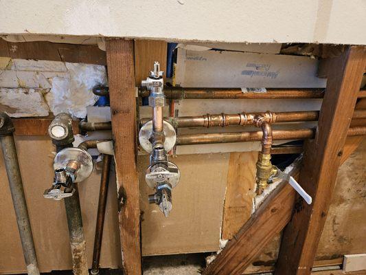 Replaced angle stops & ball valve w/ copper, which is non-corrosive. Originals were corroded and stuck, and now they're useful and gorgeous!