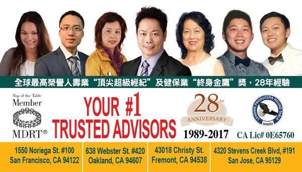 Our Advisor Team in San Fran, Oakland, Fremont, and San Jose Branch Offices serving your retirement & insurance needs.