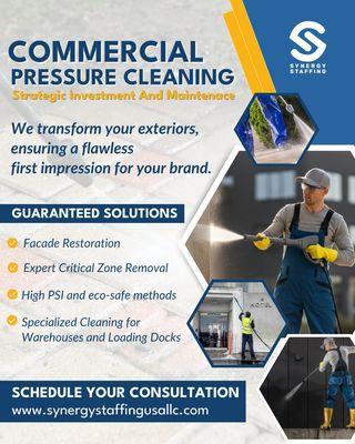Elevate your property with professional commercial pressure cleaning by Synergy Staffing USA.