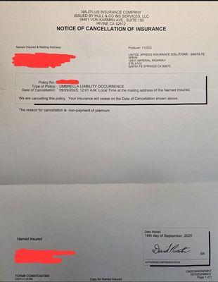 Canceled Umbrella Insurance lack of payment.