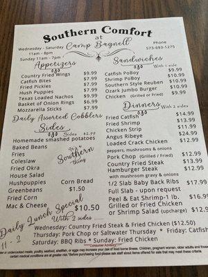 Camp Bagnell's menu