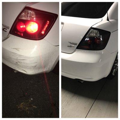 Before and after of my bumper, looks brand new and they didn't even have to replace it! Thanks ABRA!