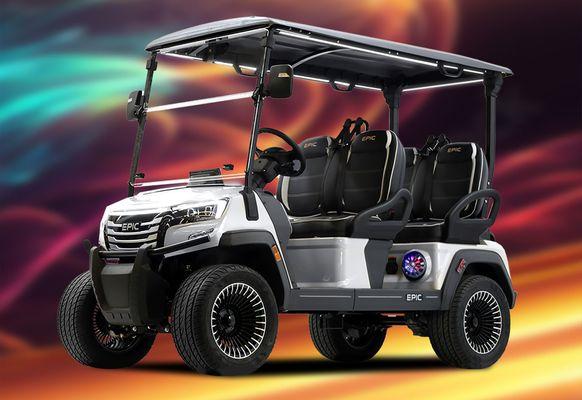 EPIC E40FX carts have it all: a wireless phone charging pad, underbody lights, a Bluetooth soundbar, and more!