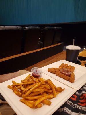 Crispy fries, mozzarella sticks, Starry soda (water, potato skins, sour patch kids).