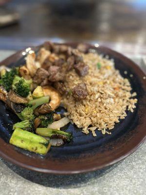 Rice, veggies, steak and shrimp
