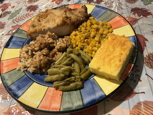 Our dinner: Fried Pork Chop (tender and flavorful down to the bone), green beans, corn rice and gravy with yummy cornbread!