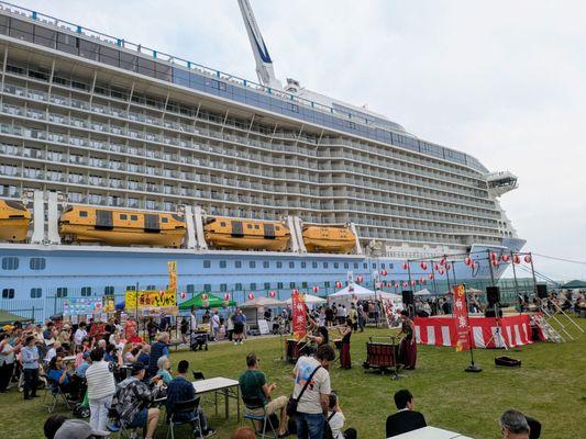 The Ovation of the Seas docked at the Shimizu Port, Japan, May 2025 on the way to Los Angeles
