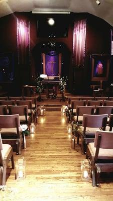 inside of the church. Dressed in purple for lent