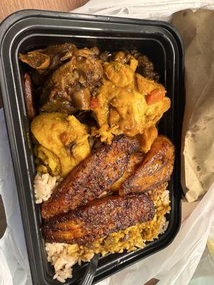 Mix of curry chicken and brown stew chicken, rice with peas and sweet plantains. Great flavor, hefty meal