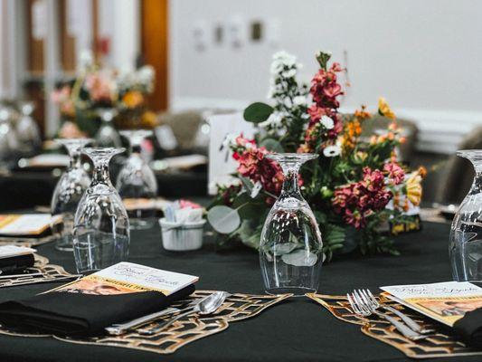 Corporate Catering Place Setting with Personalized Floral Arrangements