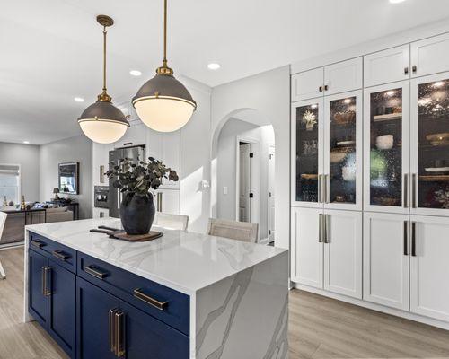 Custom built-in display cabinetry, waterfall quartz island with storage.