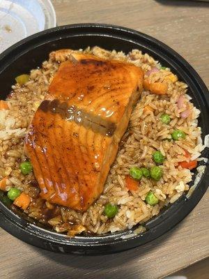 Salmon fried rice with teriyaki sauce