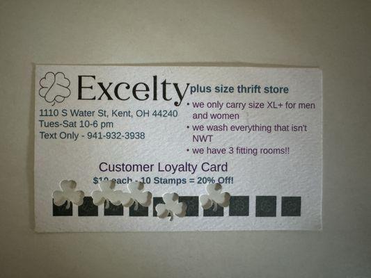 Customer Loyalty Card Spend $10, get a stamp. 10 stamps = 20% off!