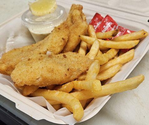 Succulent Pacific COD fish & Chips, with tarter sauce, and lemon, served with plenty of golden fries.
