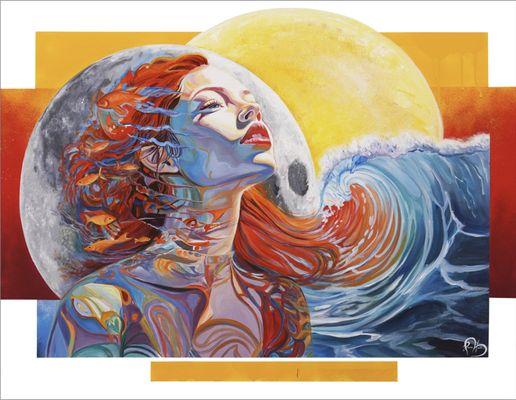 "Goddess of the Tides" by Presa Hall honors feminine strength, intuition, and nature's rhythm through flowing water and moon symbolism.