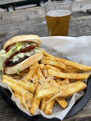 Black and blue burger and garlic fries