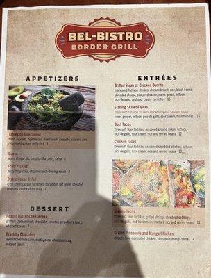 The menu Bel-Bistro Boarder Grill