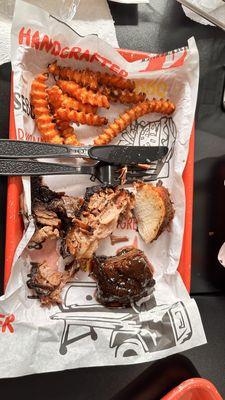 Sweet potato fries, smoked chicken, brisket, and brunt ends.