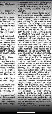 Unbelievable restaurant inspection report.   https://www.13abc.com/content/news/Restaurant-Report-Card-62818-New-China-Chef-487017751.html