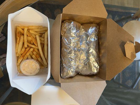 Masala (small) fries and two steak naan wraps