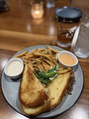 Short Rib Grilled Cheese with a Horseradish Sauce, Fries with Aioli